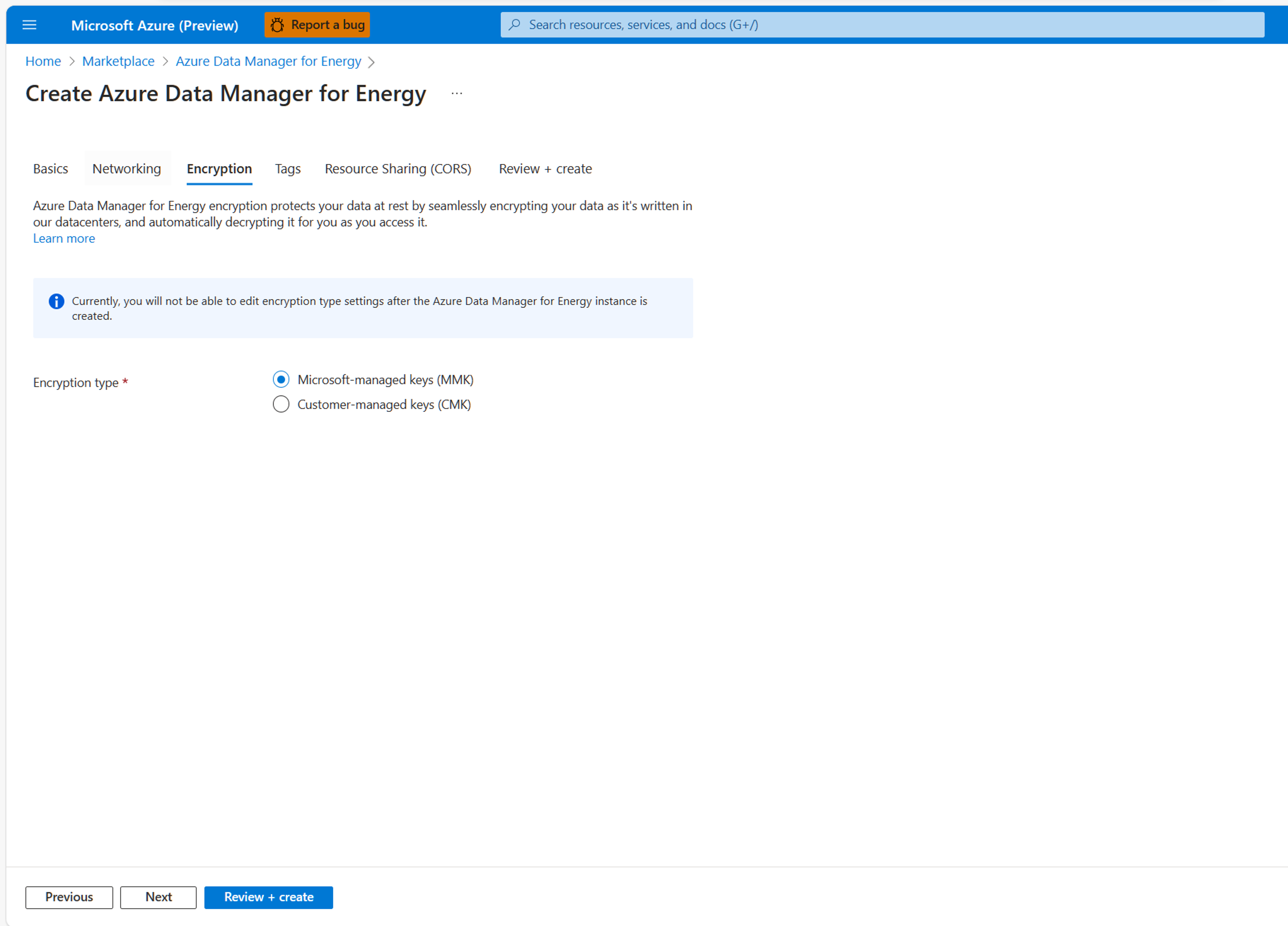 Azure Data Manager for Energy のデータ暗号化オプションのタブのスクリーンショット。