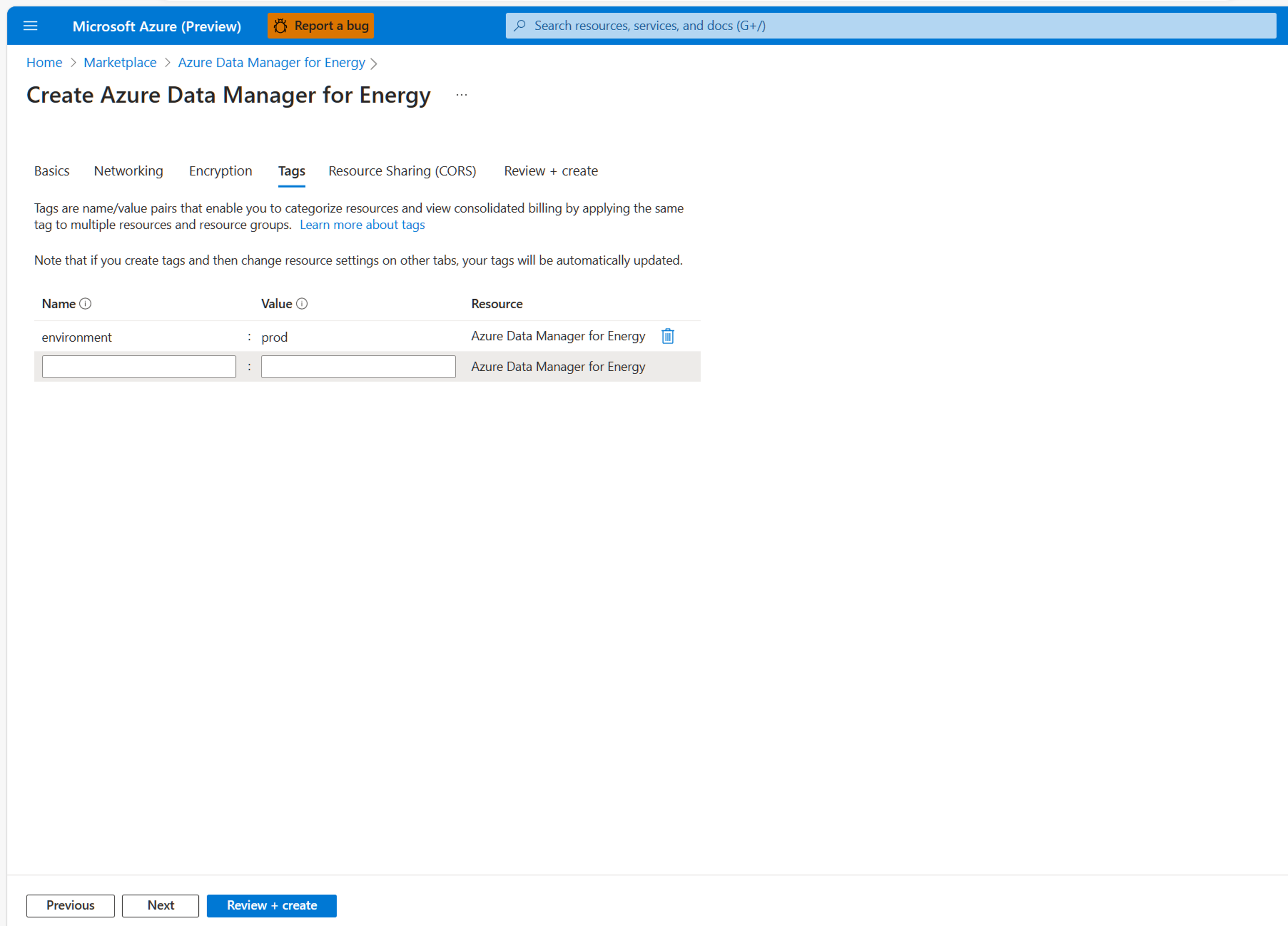 Azure Data Manager for Energy でタグを指定するためのタブのスクリーンショット。