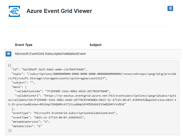 サブスクリプション検証イベントを含む Event Grid Viewer を示すスクリーンショット。