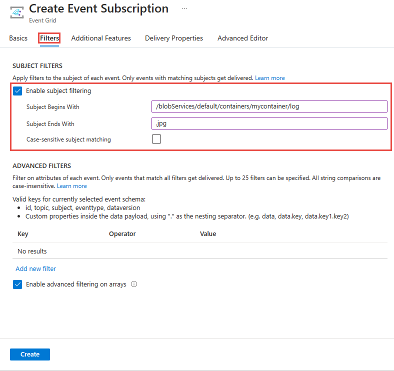 Screenshot of Create Event Subscription page with the Filters tab selected.