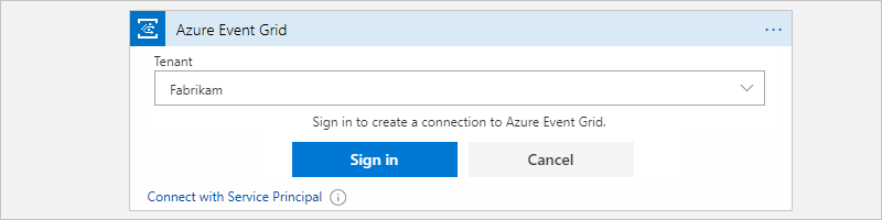 Azure Event Grid に接続するための Azure のサインイン プロンプトが表示されたワークフロー デザイナーを示すスクリーンショット。