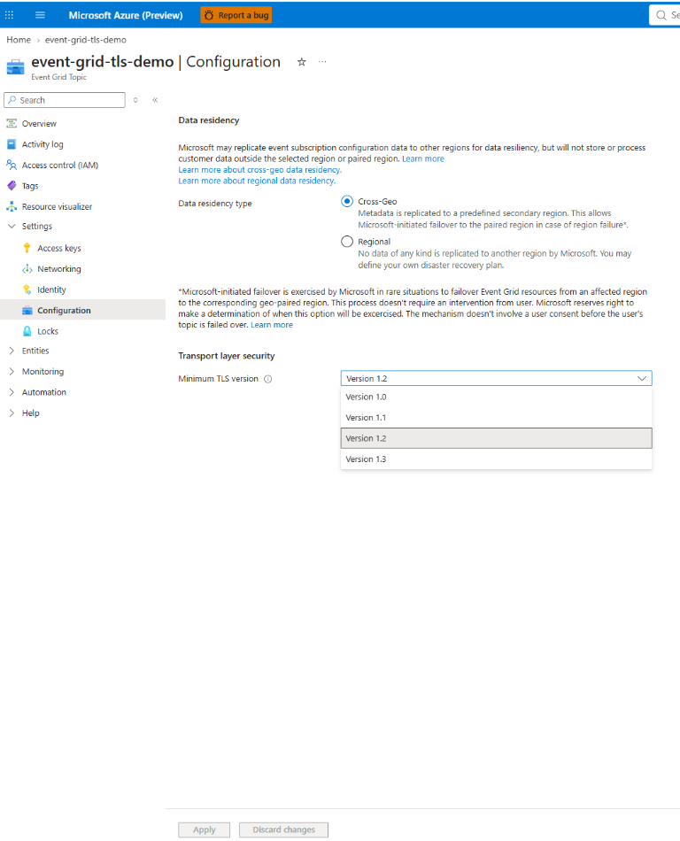 Screenshot showing the page to set the minimum TLS version for an existing Event Grid topic.