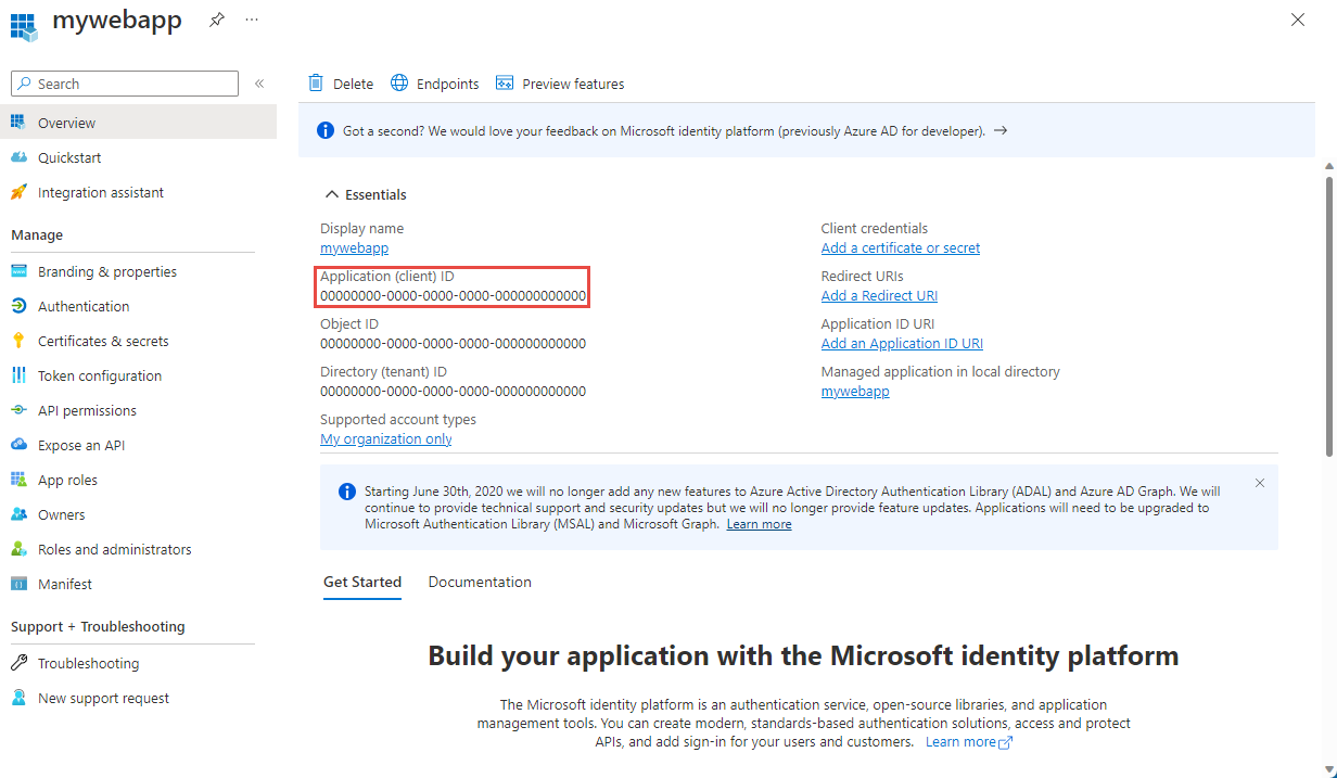 Screenshot showing the app registration page with application ID highlighted.