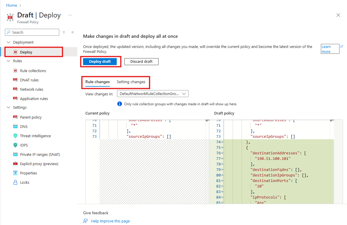 変更の検証とデプロイを示すスクリーンショット。