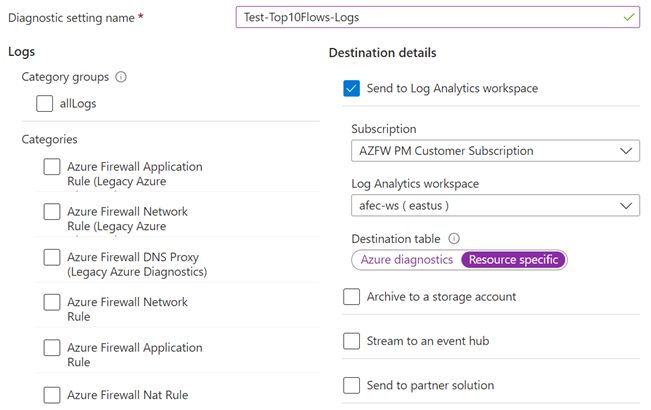 Screenshot showing log destination details.