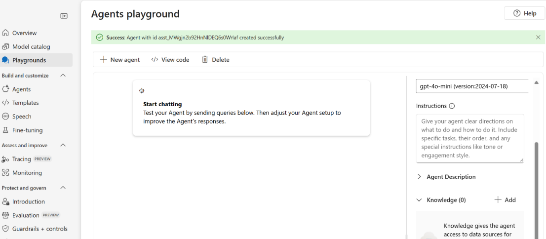エージェントのビルド インターフェイスのスクリーンショット。