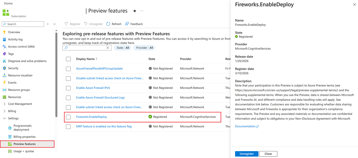 Azure portal のプレビュー機能設定のスクリーンショット。
