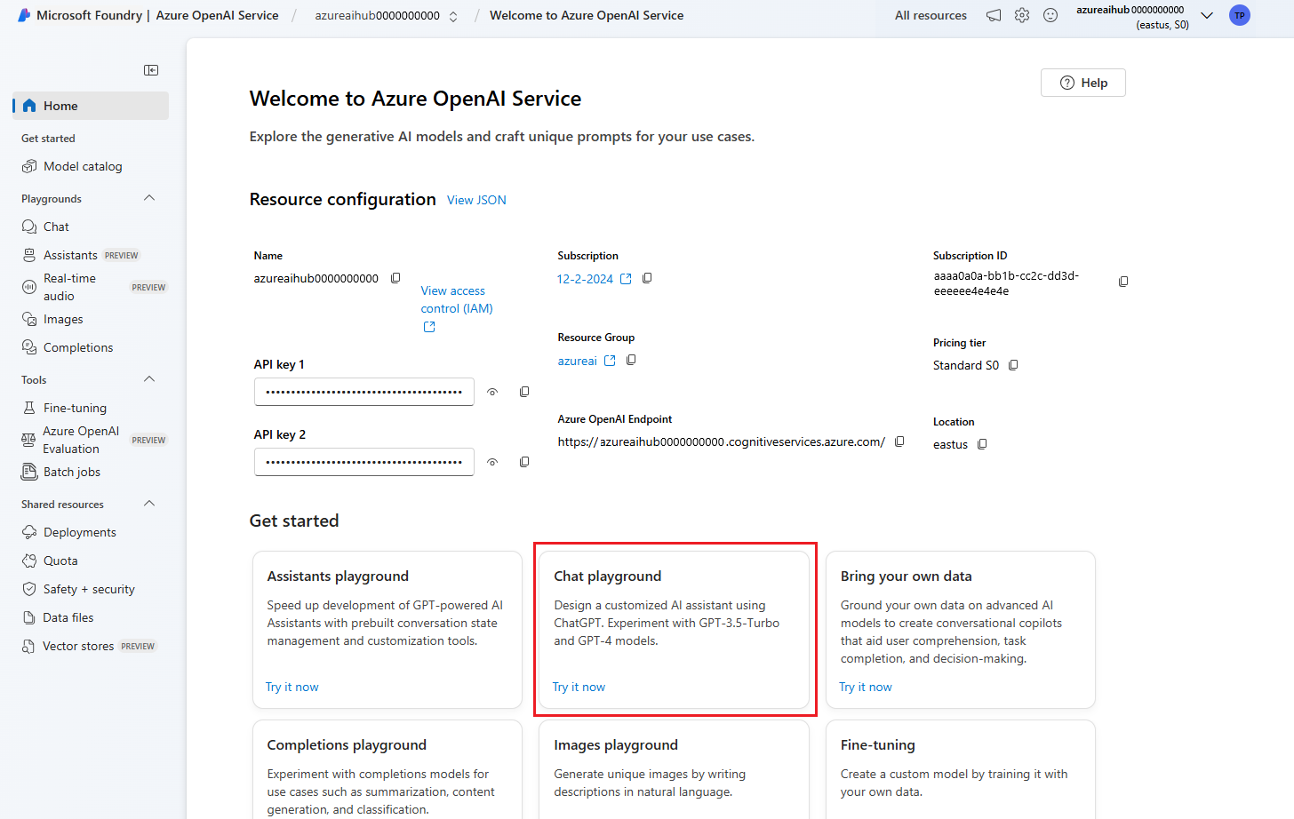 Azure OpenAI のチャットプレイグラウンドエントリ ポイントを示す Foundry ポータルのスクリーンショット