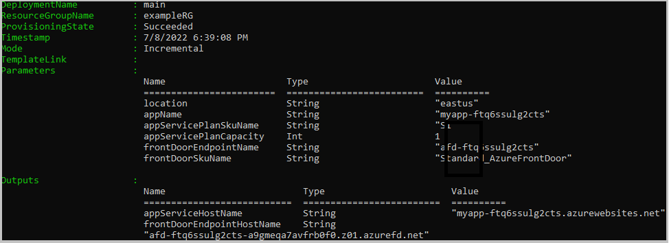 Front Door Bicep PowerShell デプロイ出力のスクリーンショット。