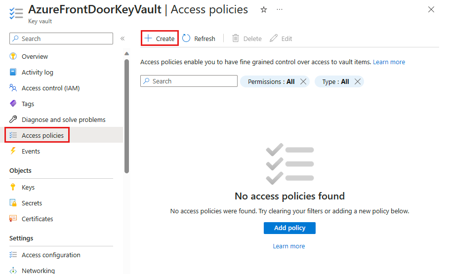 Screenshot of the access policies page for a Key Vault.