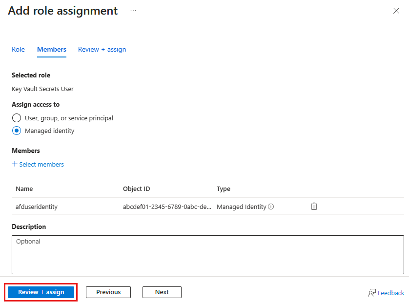 Screenshot of the review and assign page for the add role assignment page for a Key Vault.