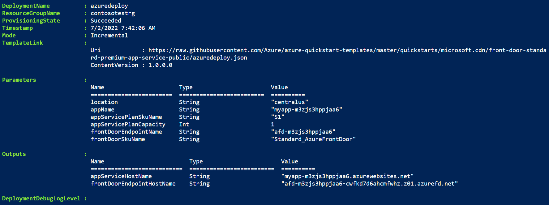 Front Door Resource Manager テンプレートの PowerShell デプロイ出力