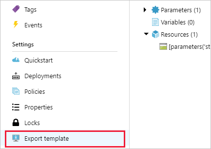 Azure portal にある既存リソースの Export テンプレート ページのスクリーンショット。