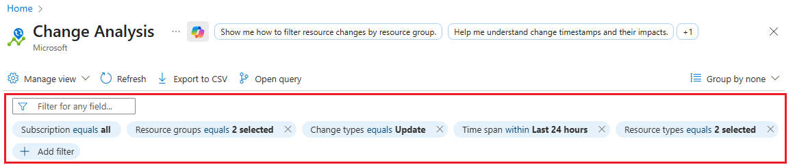 [変更分析] の結果の絞り込みに役立つ、[変更分析] で利用可能なフィルターのスクリーンショット。