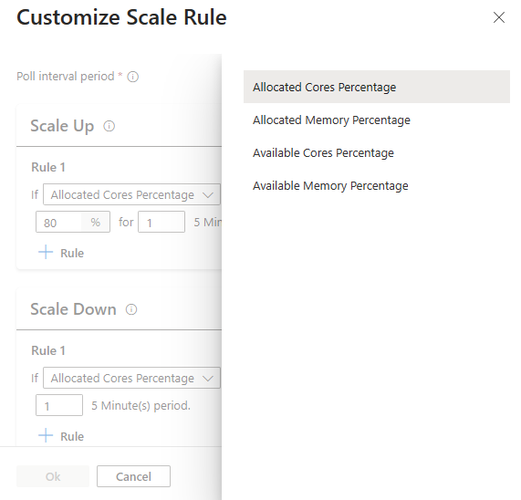 負荷ベースのスケーリングのスケール ルールを構成する際にルールを追加する方法を示すスクリーンショット。
