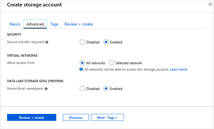 Screenshot showing storage account creation in the Azure portal.