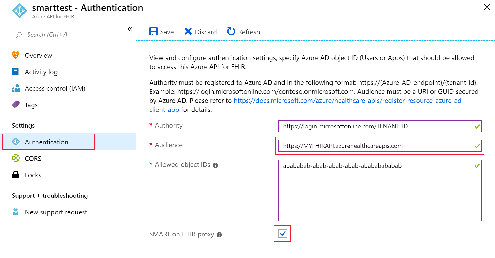 スクリーンショットは、SMART on FHIR プロキシの有効化を示しています。