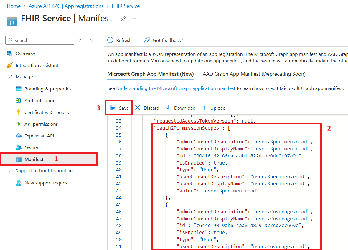 B2C アプリケーション マニフェストを示すスクリーンショット。