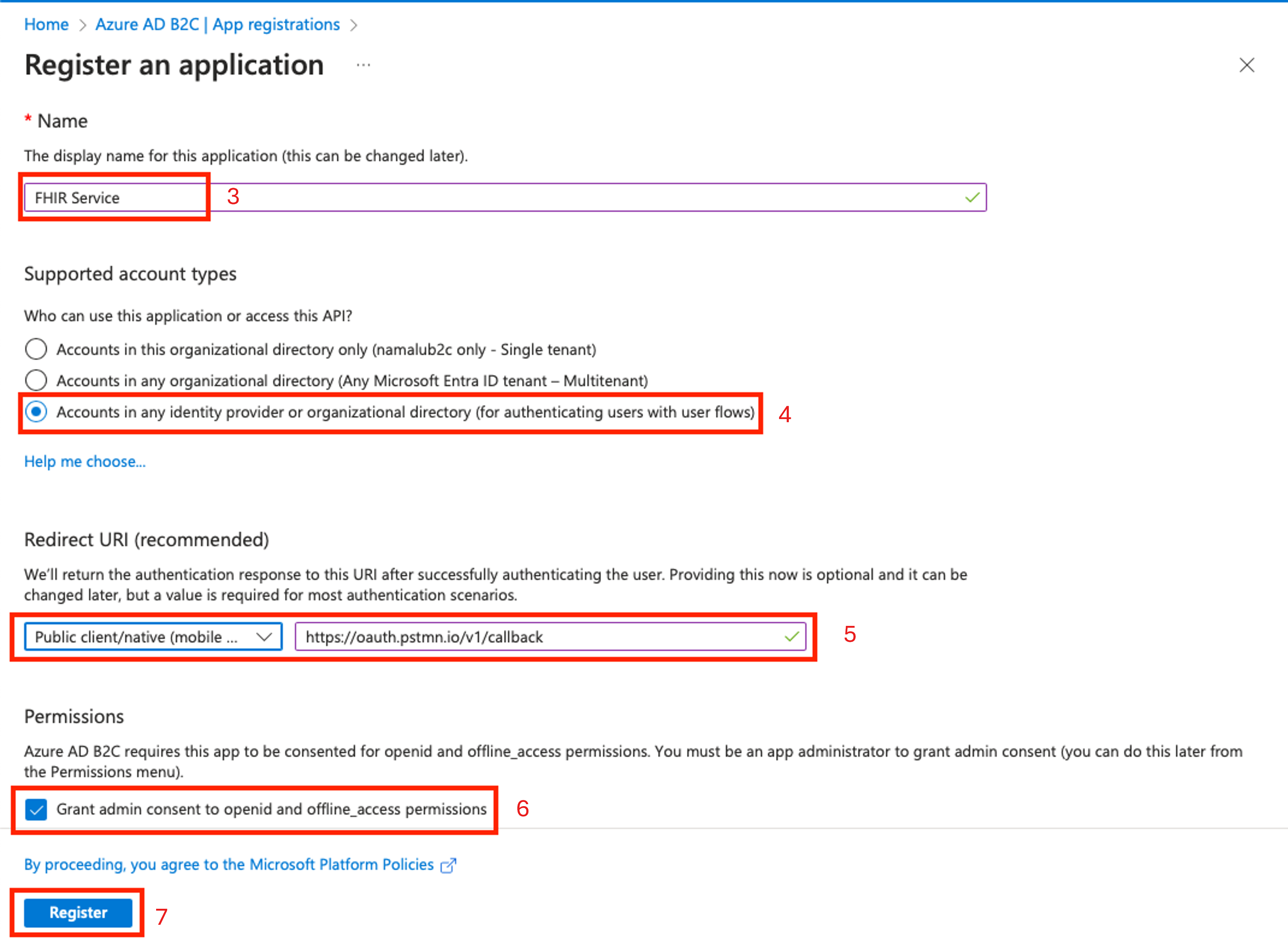 B2C アプリケーション レジスタを示すスクリーンショット。