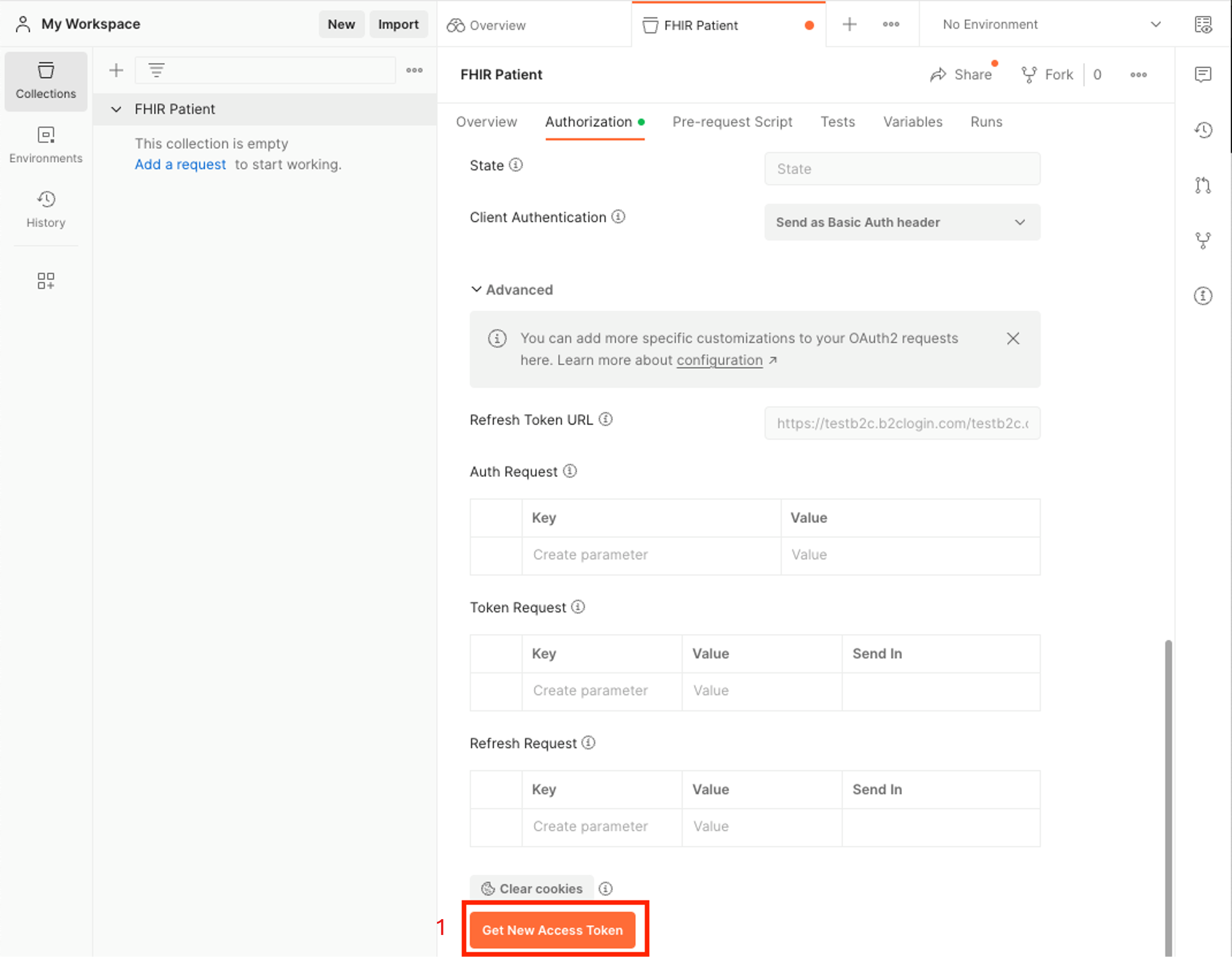 Postman のアクセス トークンの取得を示すスクリーンショット。