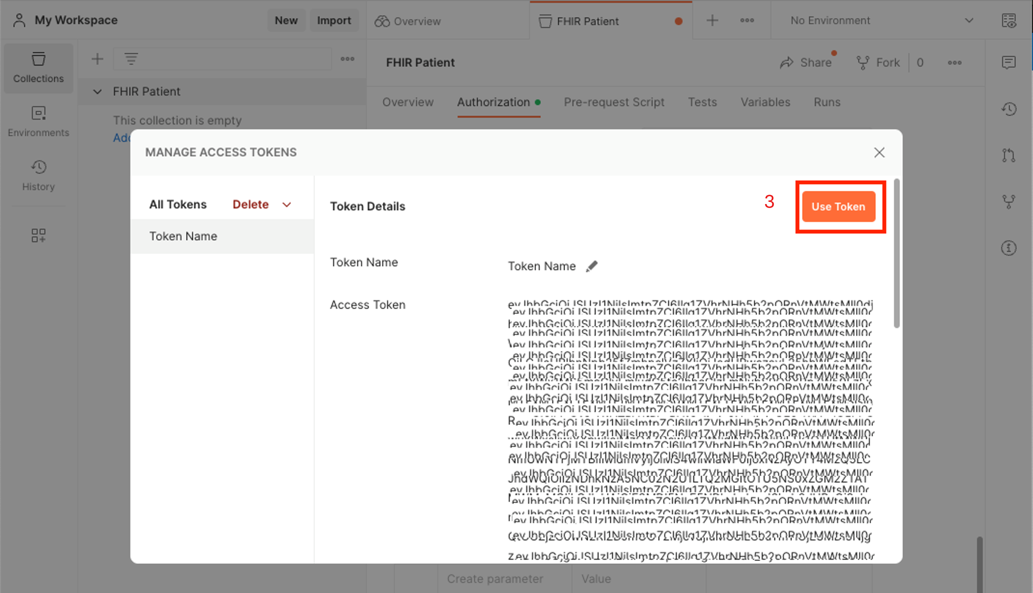 Postman がトークンを使用する様子を示すスクリーンショット。Postman の使用トークンを示すスクリーンショット。