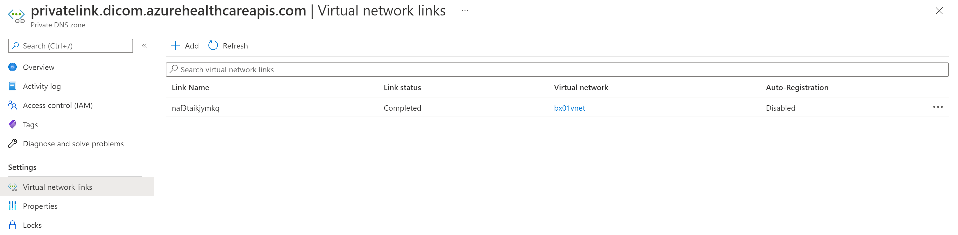 Private Link 仮想ネットワーク リンク DICOM の画像を示すスクリーンショット。