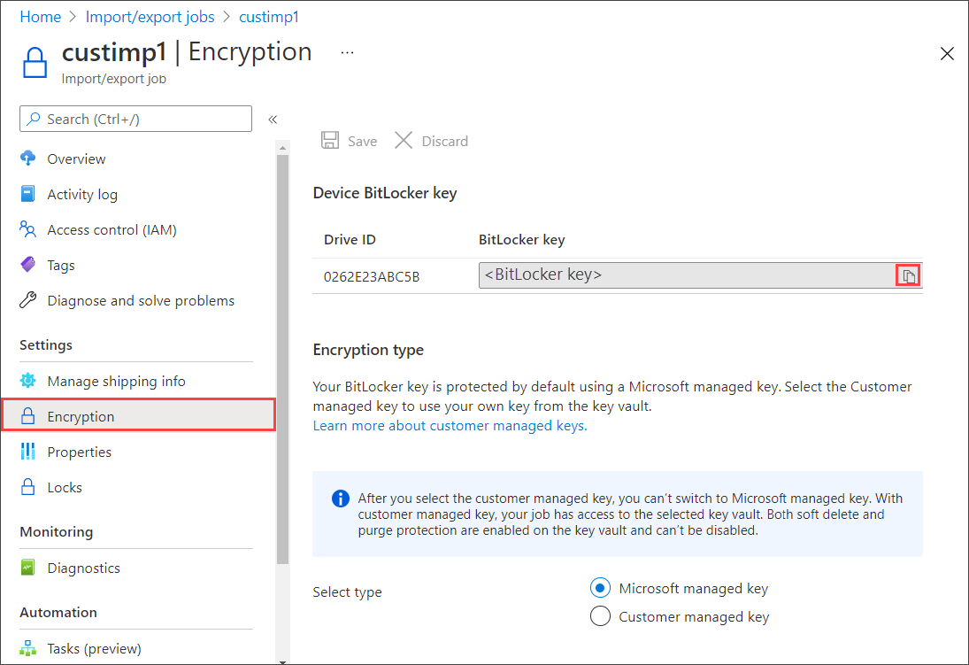 Screenshot of the Encryption blade for an export job in Azure Import Export Jobs. The Encryption menu item and Copy button for the key are highlighted.