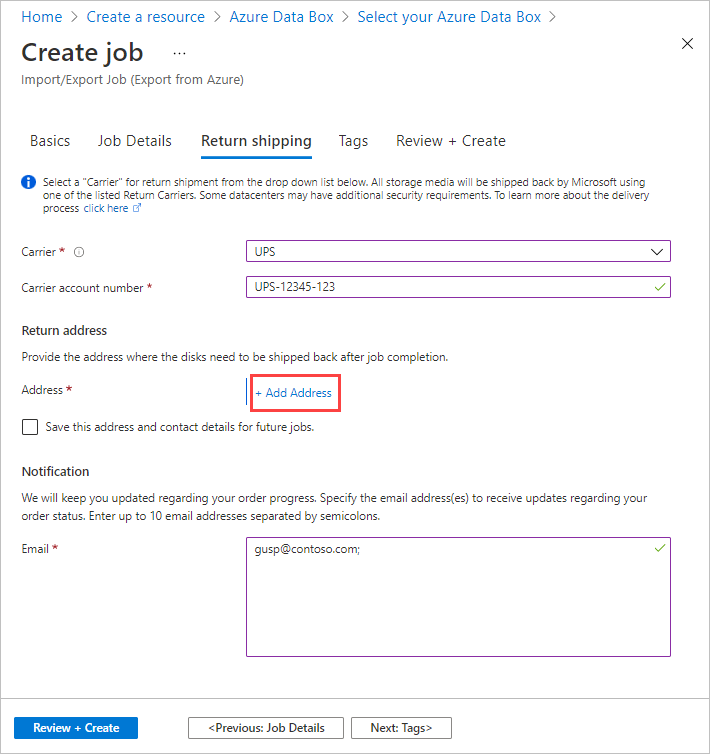 Screenshot of the Return Shipping tab for an import job in Azure Data Box. The Return Shipping tab and the Plus Add Address button are highlighted.