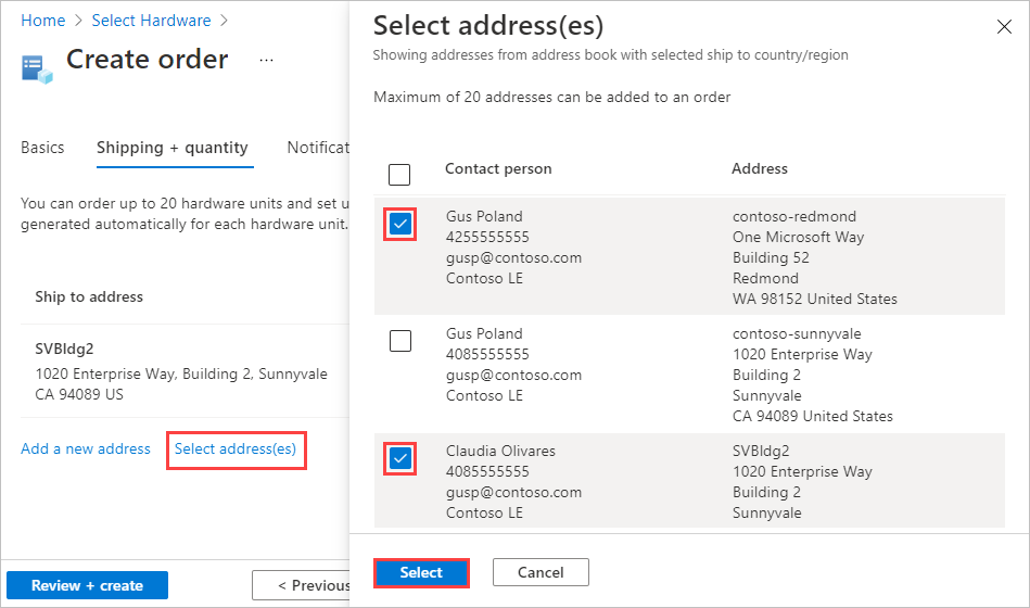 Azure Edge Hardware Center の注文の [住所の選択] 画面のスクリーンショット。[住所の選択] オプション、選択された 2 つの住所、および [選択] ボタンが強調表示されています。