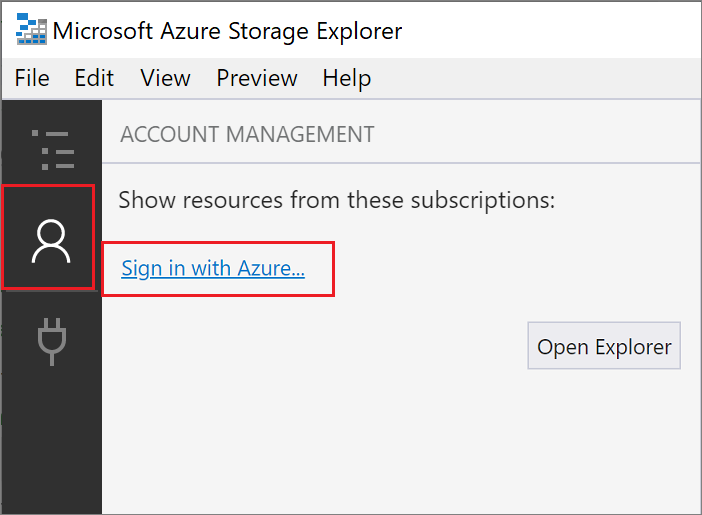 Microsoft Azure Storage Explorer に Azure アカウントを追加する方法のスクリーンショット。