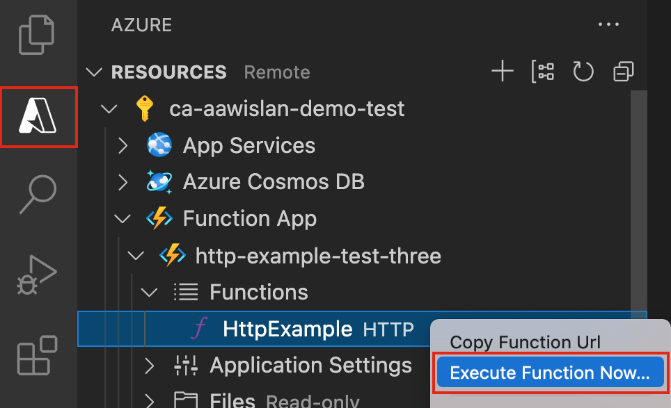 Visual Studio Code から Azure 内の関数を実行するスクリーンショット。 