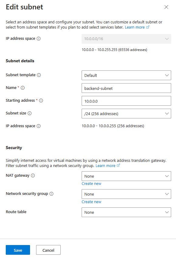 Screenshot of default subnet rename and configuration.