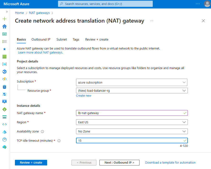 Azure portal の [Create network address translation gateway] (ネットワーク アドレス変換ゲートウェイの作成) ウィンドウのスクリーンショット。