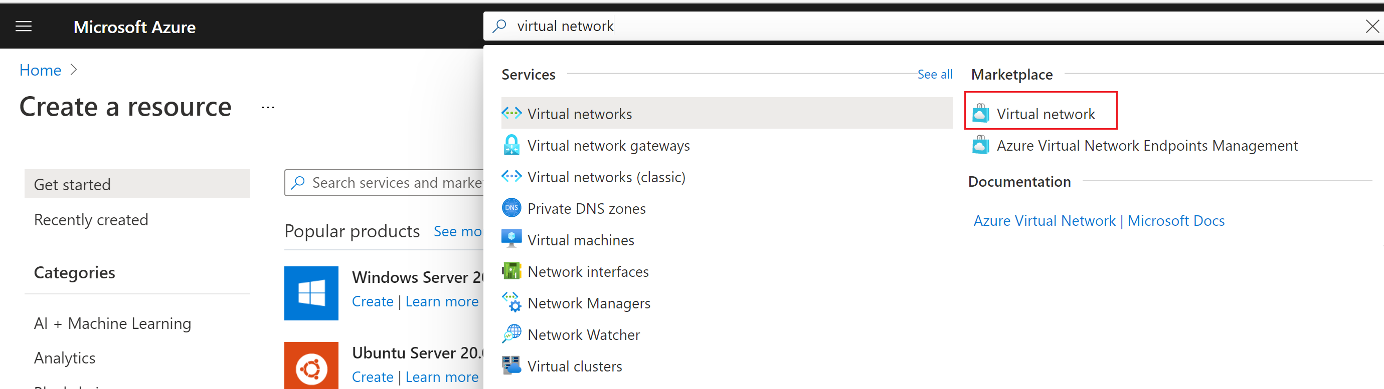 Azure portal 検索バーの結果が表示され、Marketplace から Virtual Network を選択していることを示すスクリーンショット。