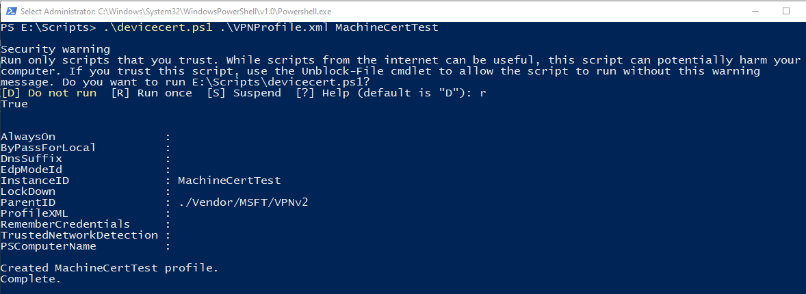Screenshot shows a PowerShell window that has run MachineCertTest by using the devicesert script.