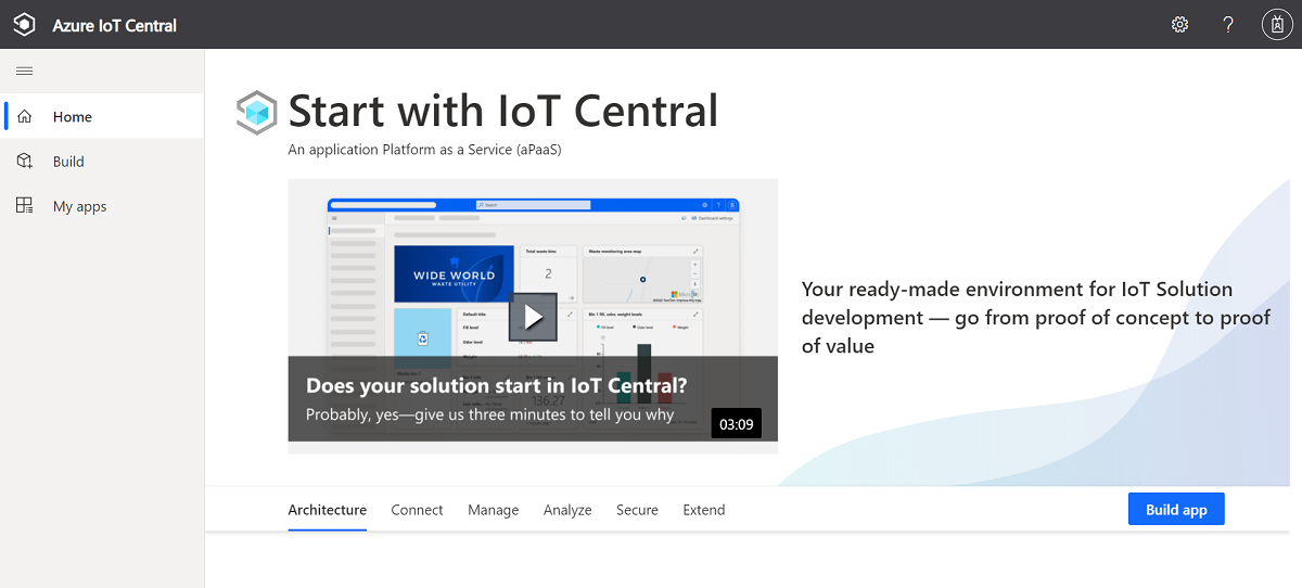アクセスできる IoT Central アプリケーションを確認できる IoT Central ホームページを示すスクリーンショット。