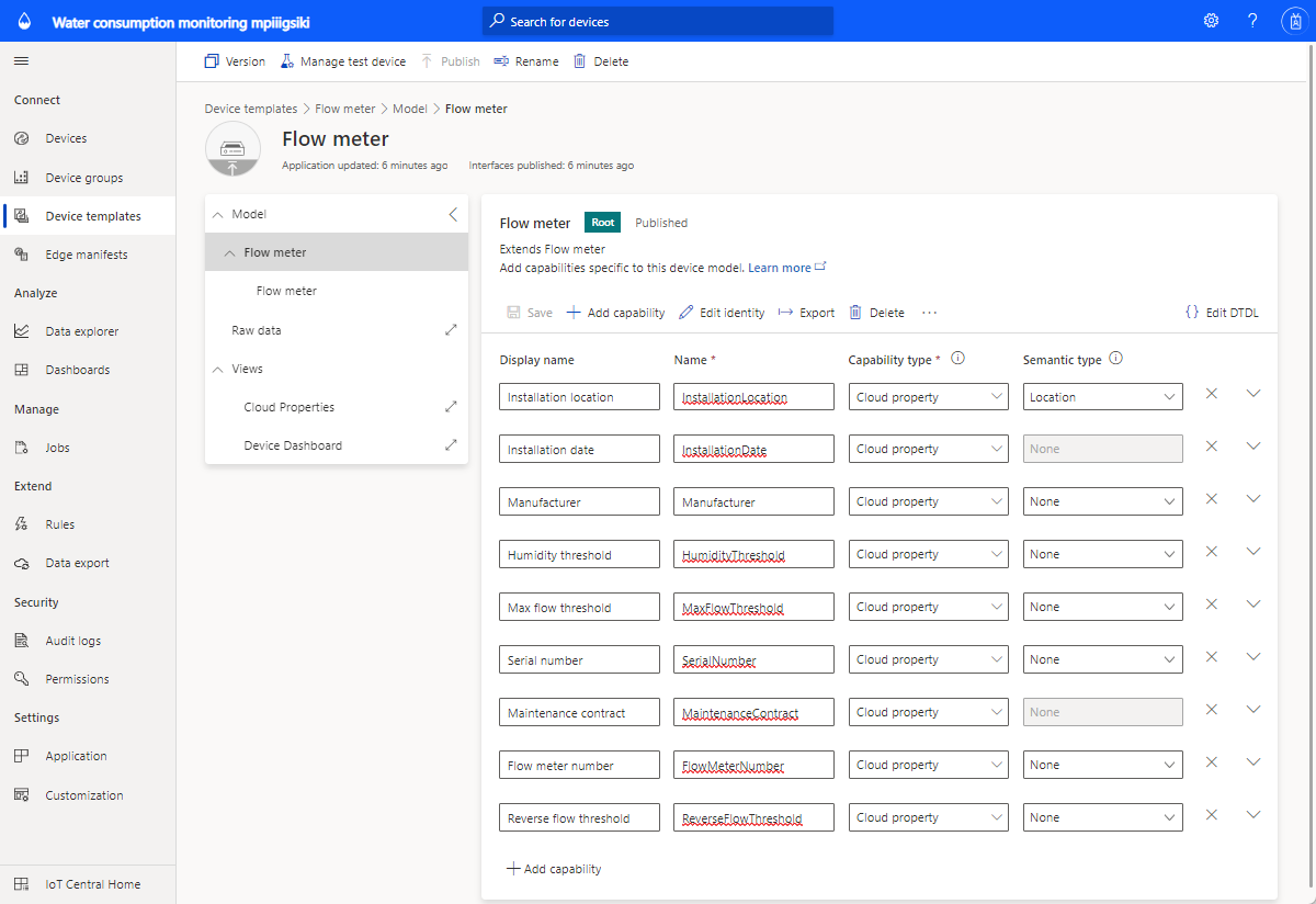 水消費量監視アプリケーションのデバイス テンプレートを示すスクリーンショット。
