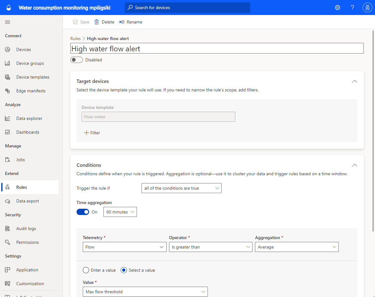 水消費量監視アプリケーションのルールを示すスクリーンショット。