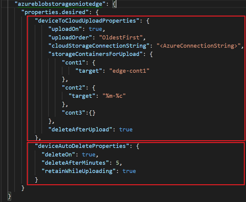 Visual Studio Code で azureblobstorageoniotedge に必要なプロパティを設定する方法を示すスクリーンショット。