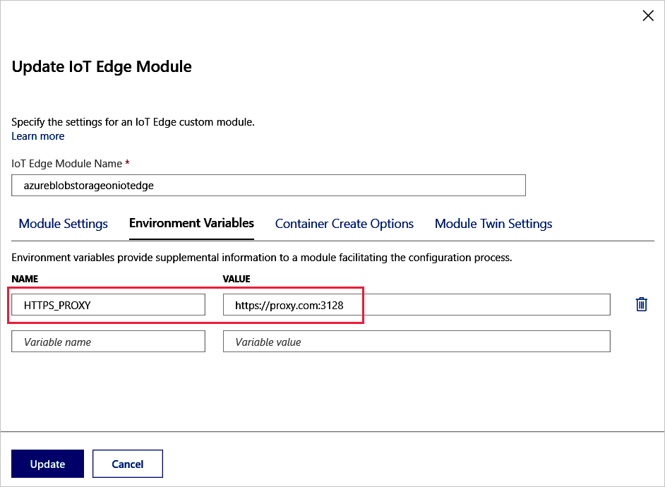 指定した値を入力できる [IoT Edge モジュールの更新] ウィンドウを示すスクリーンショット。