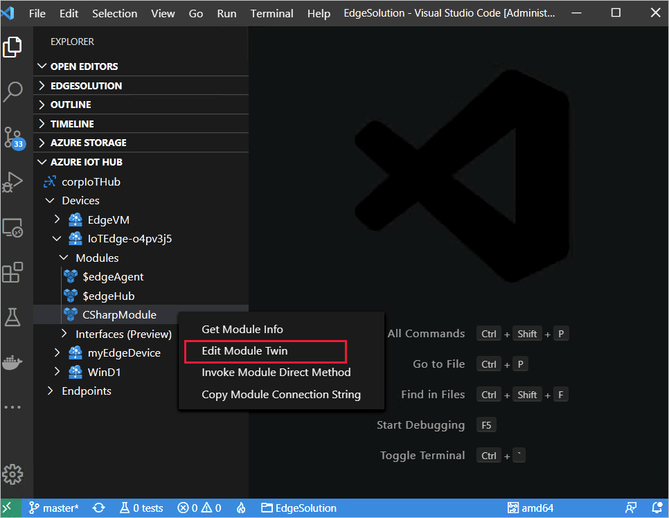 Visual Studio Code で編集するモジュール ツインを取得する方法を示すスクリーンショット。