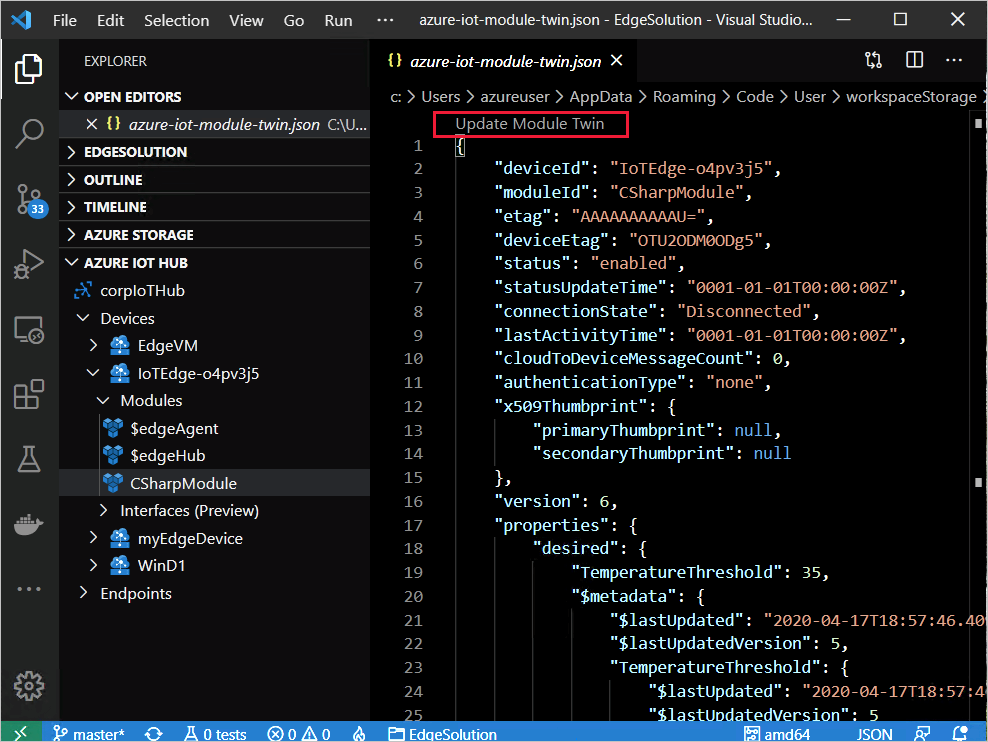 Visual Studio Code でモジュール ツインを更新する方法を示すスクリーンショット。
