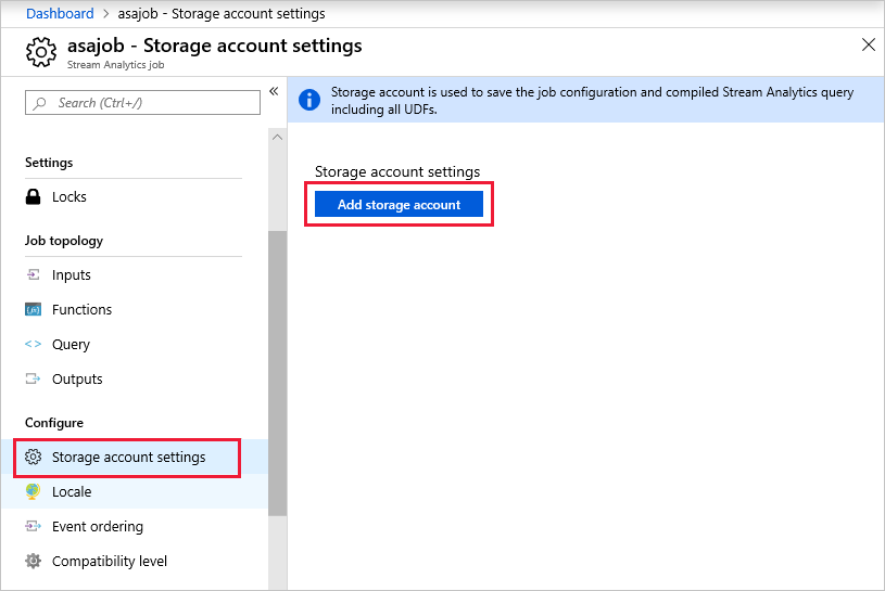 Azure portal で、Stream Analytics ジョブでストレージ アカウントを追加する場所を示すスクリーンショット。