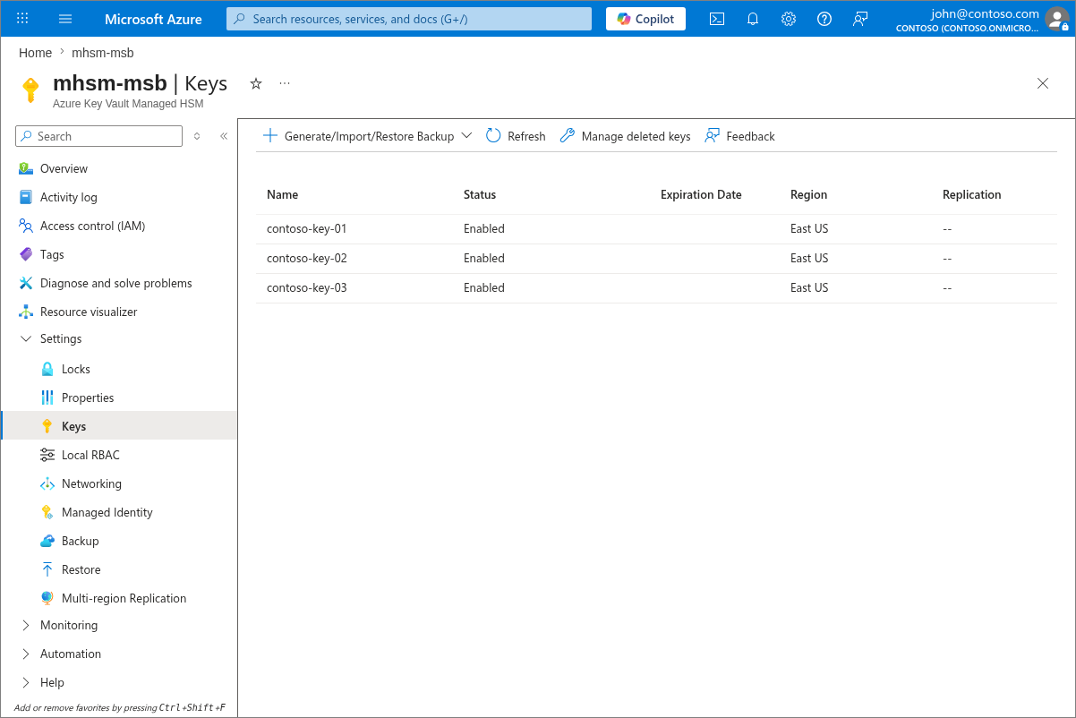 Azure ポータルのマネージド HSM の [キー] ブレードのスクリーンショット