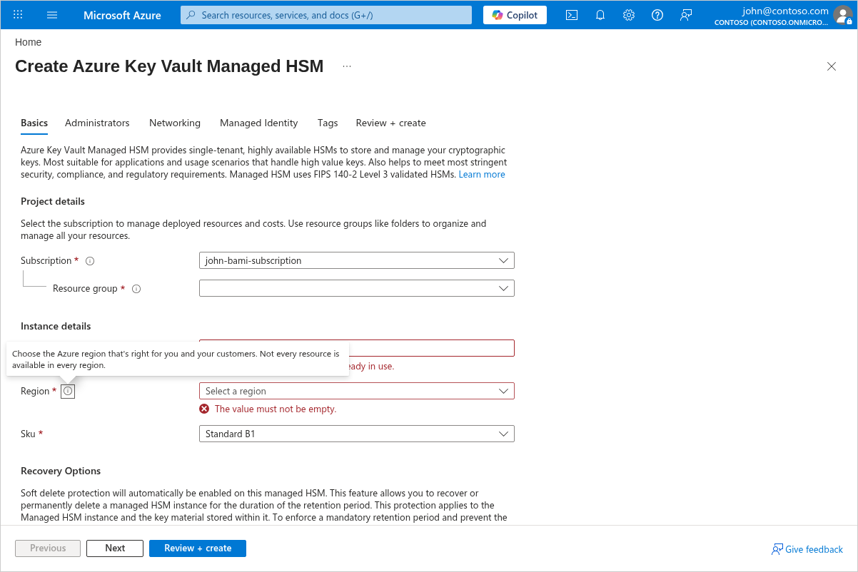 Azure ポータルの「Azure Key Vault Managed HSM の基本の作成」タブのスクリーンショットです。