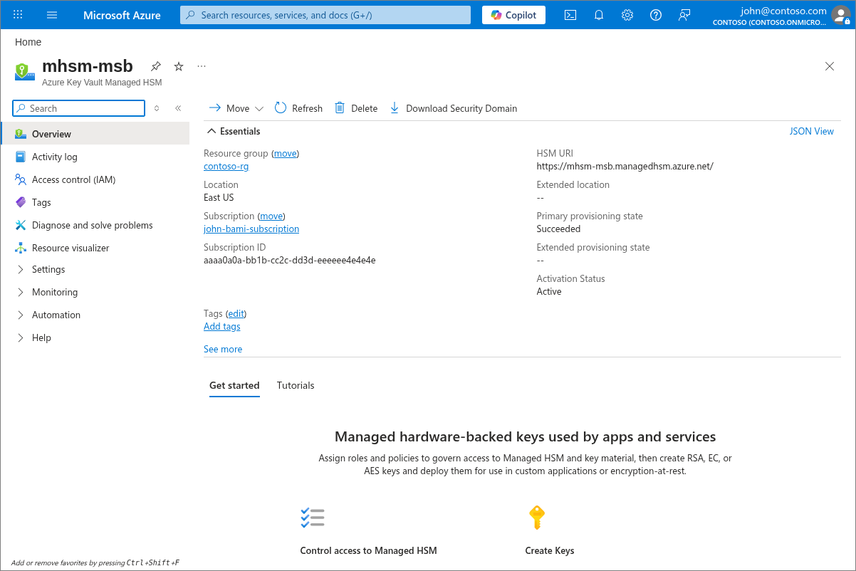 Azure portal の Managed HSM の概要ページのスクリーンショット。