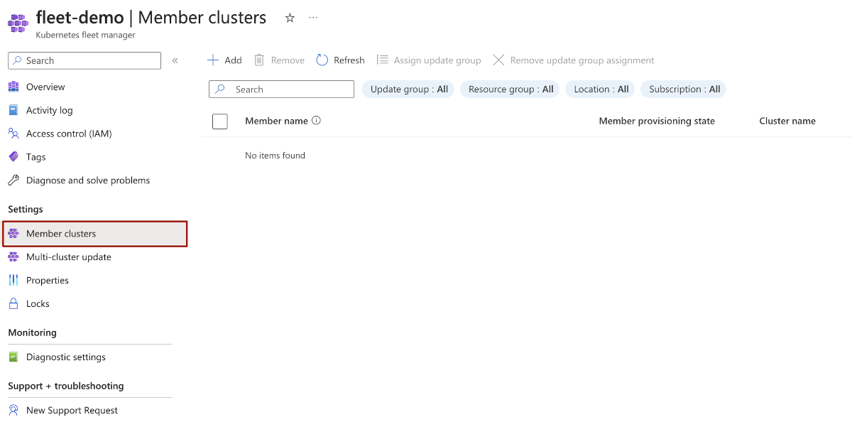 Screenshot of the Azure portal page for Azure Kubernetes Fleet Manager member clusters.