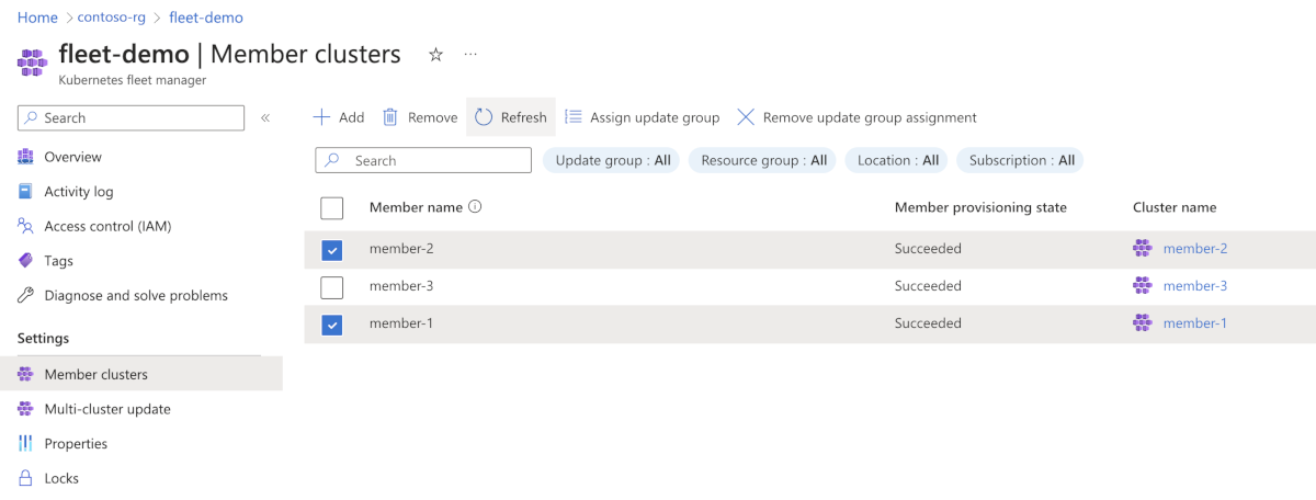 Screenshot of the Azure portal page for assigning existing member clusters to a group.