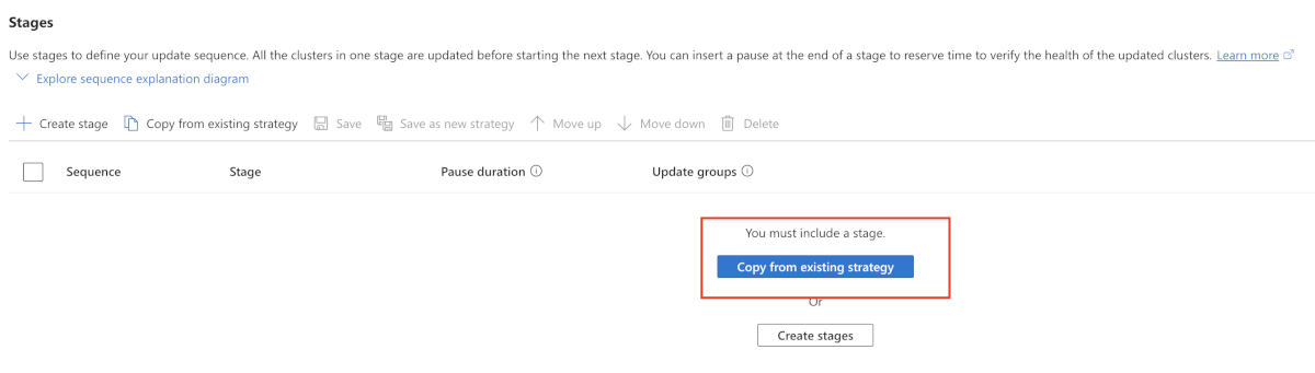 A screenshot of the Azure portal showing the creation of a new update run. The 'Copy from existing strategy' button is highlighted.