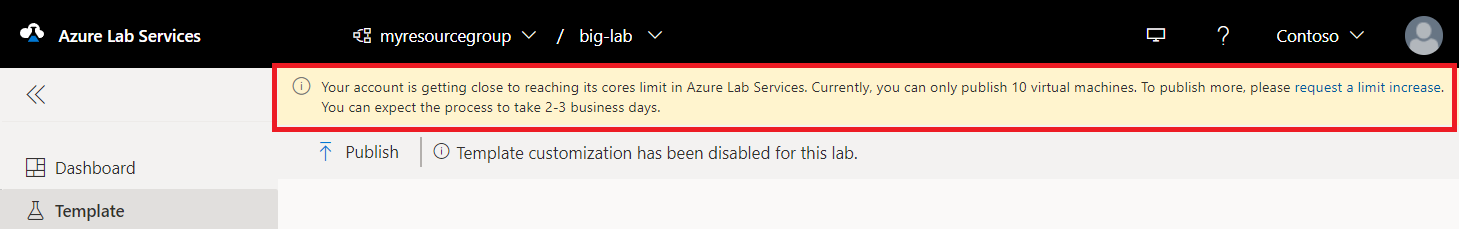 Azure Lab Services のコア制限警告のスクリーンショット。